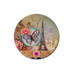 Fuschia Flowers Butterfly Eiffel Tower Vintage Paris Fashion Drink Coaster (Round) Front