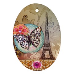 Fuschia Flowers Butterfly Eiffel Tower Vintage Paris Fashion Oval Ornament (two Sides) by chicelegantboutique