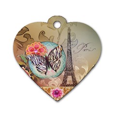 Fuschia Flowers Butterfly Eiffel Tower Vintage Paris Fashion Dog Tag Heart (two Sided) by chicelegantboutique