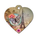 Fuschia Flowers Butterfly Eiffel Tower Vintage Paris Fashion Dog Tag Heart (Two Sided) Back