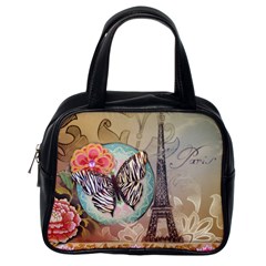 Fuschia Flowers Butterfly Eiffel Tower Vintage Paris Fashion Classic Handbag (one Side) by chicelegantboutique