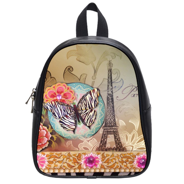 Fuschia Flowers Butterfly Eiffel Tower Vintage Paris Fashion School Bag (Small)