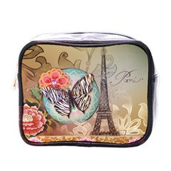 Fuschia Flowers Butterfly Eiffel Tower Vintage Paris Fashion Mini Travel Toiletry Bag (one Side) by chicelegantboutique