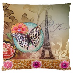 Fuschia Flowers Butterfly Eiffel Tower Vintage Paris Fashion Large Cushion Case (single Sided) 