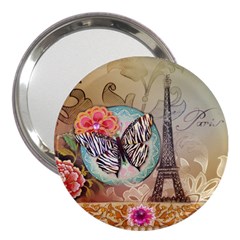 Fuschia Flowers Butterfly Eiffel Tower Vintage Paris Fashion 3  Handbag Mirror