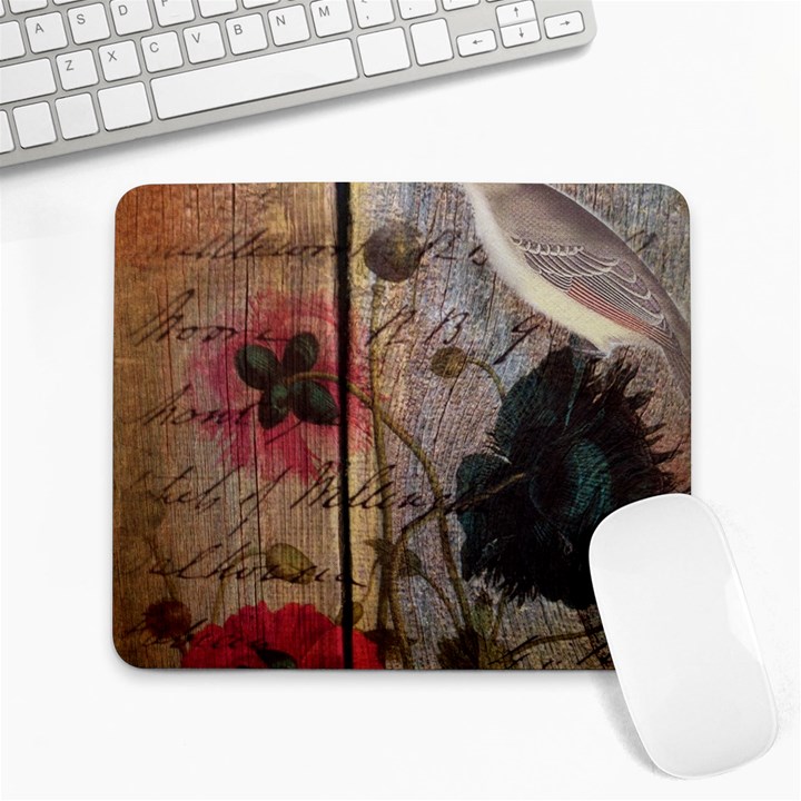 Vintage Bird Poppy Flower Botanical Art Large Mouse Pad (Rectangle)