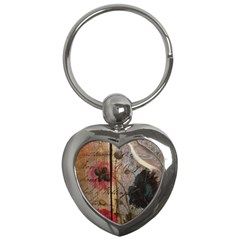 Vintage Bird Poppy Flower Botanical Art Key Chain (heart)