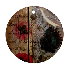 Vintage Bird Poppy Flower Botanical Art Round Ornament (two Sides)