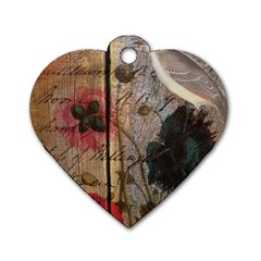 Vintage Bird Poppy Flower Botanical Art Dog Tag Heart (two Sided) by chicelegantboutique