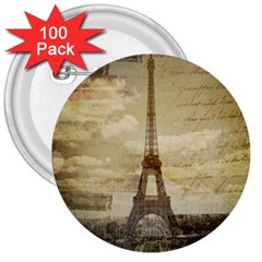 Elegant Vintage Paris Eiffel Tower Art 3  Button (100 Pack) by chicelegantboutique