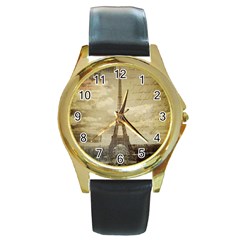 Elegant Vintage Paris Eiffel Tower Art Round Metal Watch (gold Rim) 