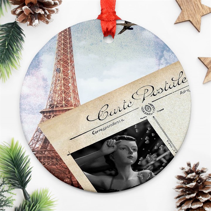 French Postcard Vintage Paris Eiffel Tower Round Ornament