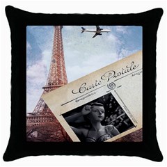 French Postcard Vintage Paris Eiffel Tower Black Throw Pillow Case