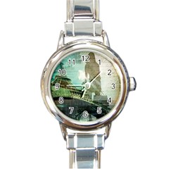 Modern Shopaholic Girl  Paris Eiffel Tower Art  Round Italian Charm Watch by chicelegantboutique