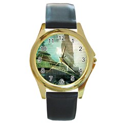 Modern Shopaholic Girl  Paris Eiffel Tower Art  Round Metal Watch (gold Rim)  by chicelegantboutique