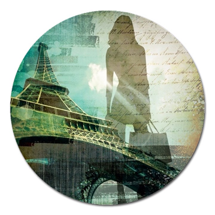 Modern Shopaholic Girl  Paris Eiffel Tower Art  Magnet 5  (Round)