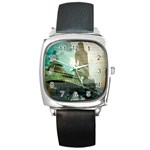 Modern Shopaholic Girl  Paris Eiffel Tower Art  Square Leather Watch Front