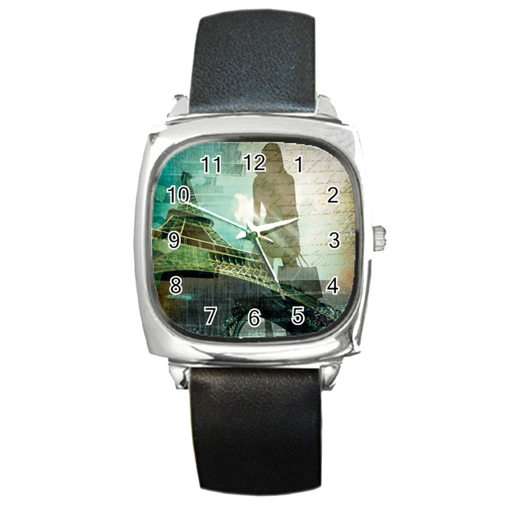 Modern Shopaholic Girl  Paris Eiffel Tower Art  Square Leather Watch