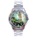 Modern Shopaholic Girl  Paris Eiffel Tower Art  Stainless Steel Watch (Men s) Front