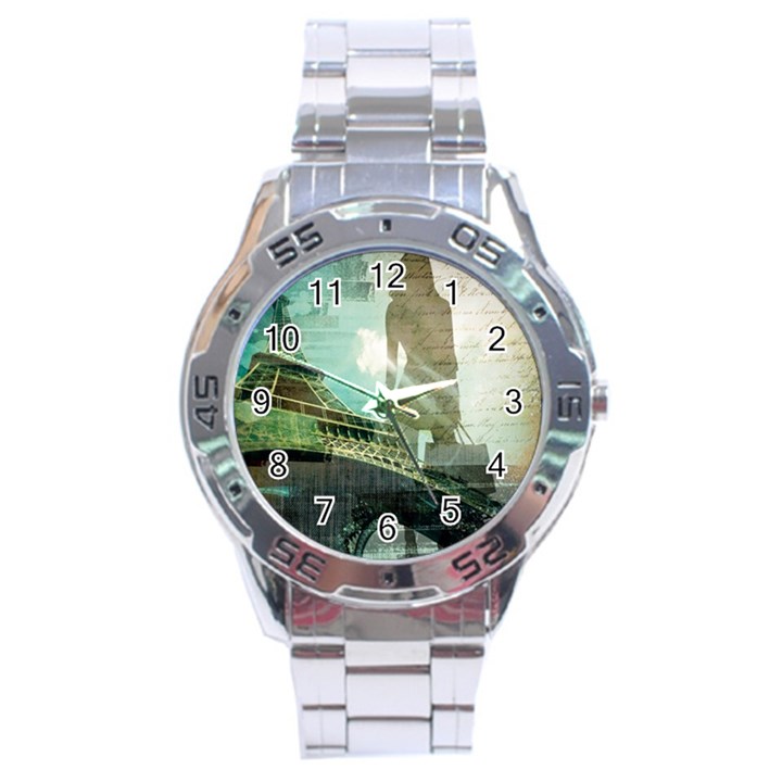 Modern Shopaholic Girl  Paris Eiffel Tower Art  Stainless Steel Watch (Men s)