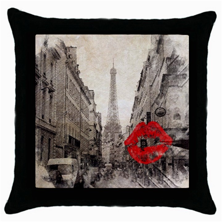 Elegant Red Kiss Love Paris Eiffel Tower Black Throw Pillow Case