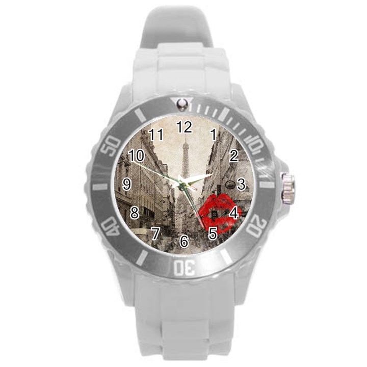 Elegant Red Kiss Love Paris Eiffel Tower Plastic Sport Watch (Large)