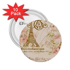 Floral Eiffel Tower Vintage French Paris Art 2 25  Button (10 Pack) by chicelegantboutique