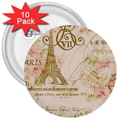 Floral Eiffel Tower Vintage French Paris Art 3  Button (10 Pack) by chicelegantboutique