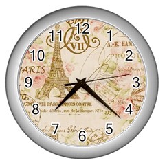 Floral Eiffel Tower Vintage French Paris Art Wall Clock (silver) by chicelegantboutique