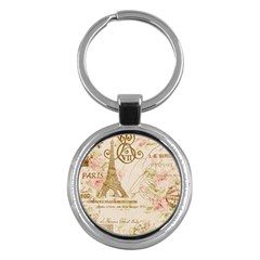 Floral Eiffel Tower Vintage French Paris Art Key Chain (round) by chicelegantboutique