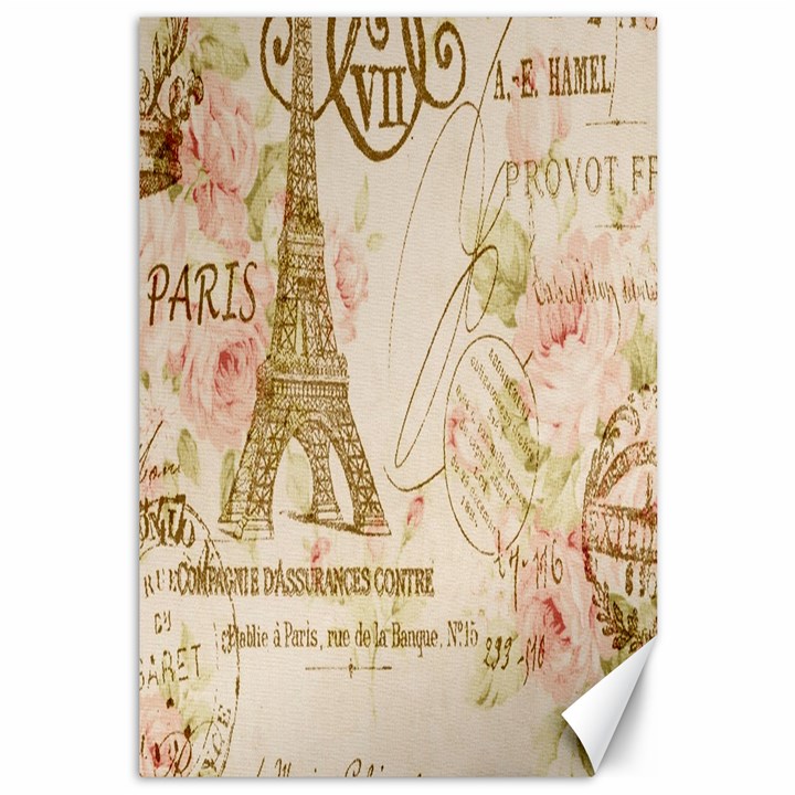 Floral Eiffel Tower Vintage French Paris Art Canvas 12  x 18  (Unframed)