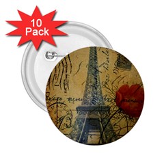 Vintage Stamps Postage Poppy Flower Floral Eiffel Tower Vintage Paris 2.25  Button (10 pack)