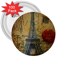 Vintage Stamps Postage Poppy Flower Floral Eiffel Tower Vintage Paris 3  Button (100 pack)