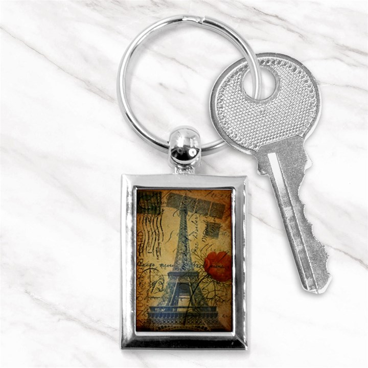 Vintage Stamps Postage Poppy Flower Floral Eiffel Tower Vintage Paris Key Chain (Rectangle)