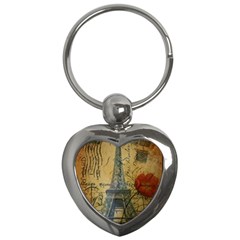 Vintage Stamps Postage Poppy Flower Floral Eiffel Tower Vintage Paris Key Chain (heart) by chicelegantboutique