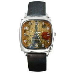 Vintage Stamps Postage Poppy Flower Floral Eiffel Tower Vintage Paris Square Leather Watch