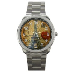 Vintage Stamps Postage Poppy Flower Floral Eiffel Tower Vintage Paris Sport Metal Watch by chicelegantboutique