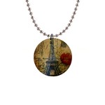 Vintage Stamps Postage Poppy Flower Floral Eiffel Tower Vintage Paris Button Necklace Front