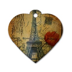 Vintage Stamps Postage Poppy Flower Floral Eiffel Tower Vintage Paris Dog Tag Heart (two Sided) by chicelegantboutique