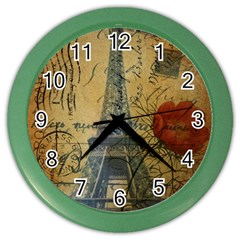 Vintage Stamps Postage Poppy Flower Floral Eiffel Tower Vintage Paris Wall Clock (color) by chicelegantboutique