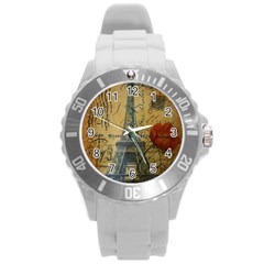 Vintage Stamps Postage Poppy Flower Floral Eiffel Tower Vintage Paris Plastic Sport Watch (Large)