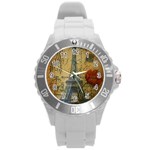 Vintage Stamps Postage Poppy Flower Floral Eiffel Tower Vintage Paris Plastic Sport Watch (Large) Front