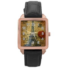 Vintage Stamps Postage Poppy Flower Floral Eiffel Tower Vintage Paris Rose Gold Leather Watch  by chicelegantboutique