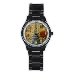 Vintage Stamps Postage Poppy Flower Floral Eiffel Tower Vintage Paris Sport Metal Watch (Black)