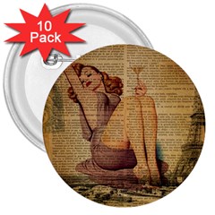 Vintage Newspaper Print Pin Up Girl Paris Eiffel Tower 3  Button (10 Pack) by chicelegantboutique