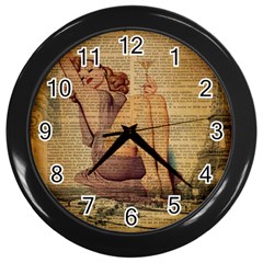 Vintage Newspaper Print Pin Up Girl Paris Eiffel Tower Wall Clock (black) by chicelegantboutique