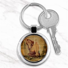 Vintage Newspaper Print Pin Up Girl Paris Eiffel Tower Key Chain (round) by chicelegantboutique