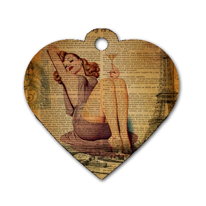 Vintage Newspaper Print Pin Up Girl Paris Eiffel Tower Dog Tag Heart (Two Sided)