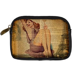 Vintage Newspaper Print Pin Up Girl Paris Eiffel Tower Digital Camera Leather Case by chicelegantboutique