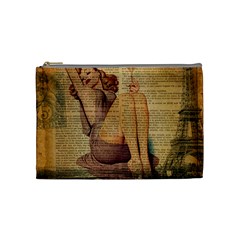 Vintage Newspaper Print Pin Up Girl Paris Eiffel Tower Cosmetic Bag (medium) by chicelegantboutique